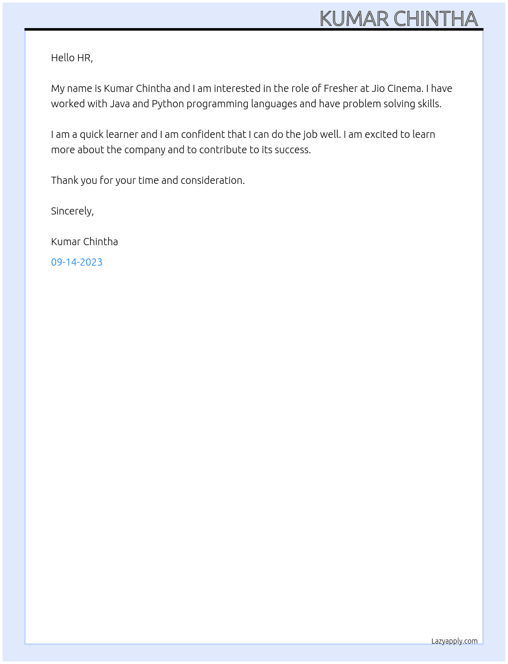 Fresher  At Jio cinema  Cover Letter