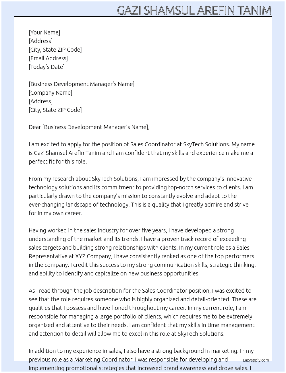 Sales Coordinator At SkyTech Solutions Cover Letter