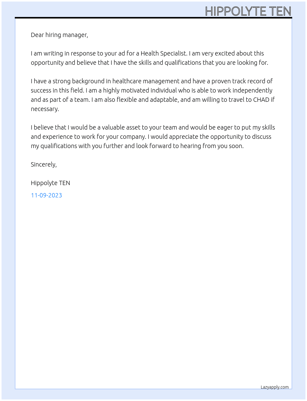 Health Specialist At Hippolyte TEN Cover Letter