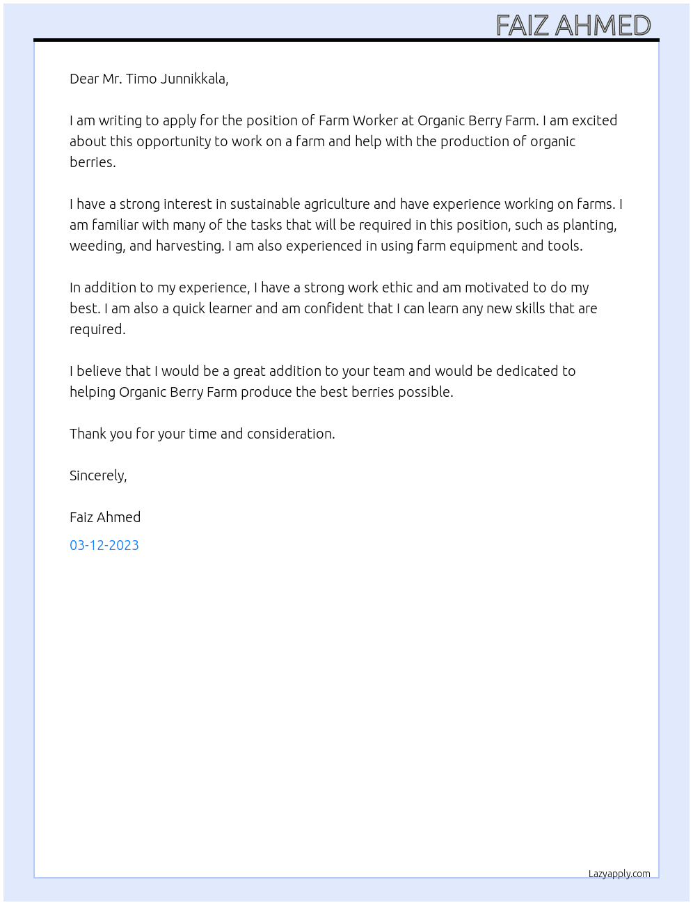 Farm worker At Organic berry farm  Cover Letter