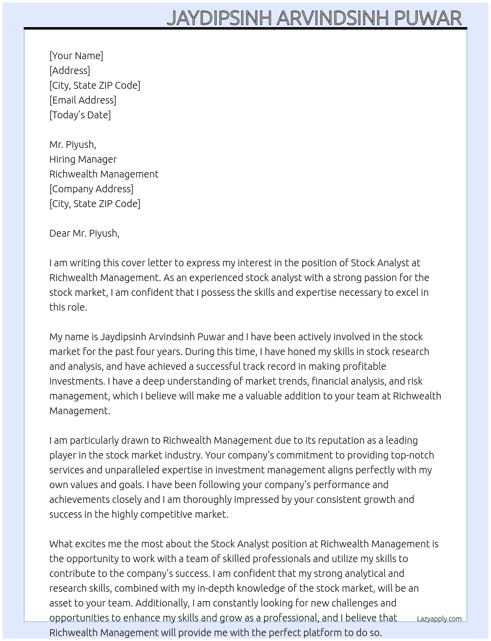 Stock analyst  At Richwelath manegement  Cover Letter