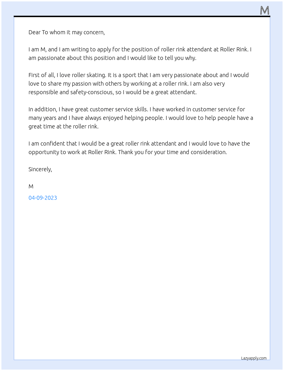 Roller rink attendant  At Roller rink Cover Letter