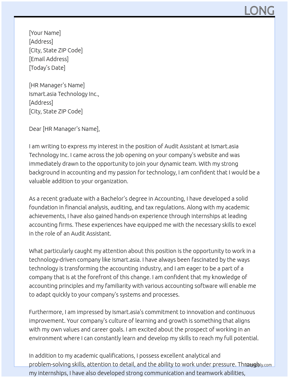 Audit Assistant At Ismart.asia Technology Inc., Cover Letter