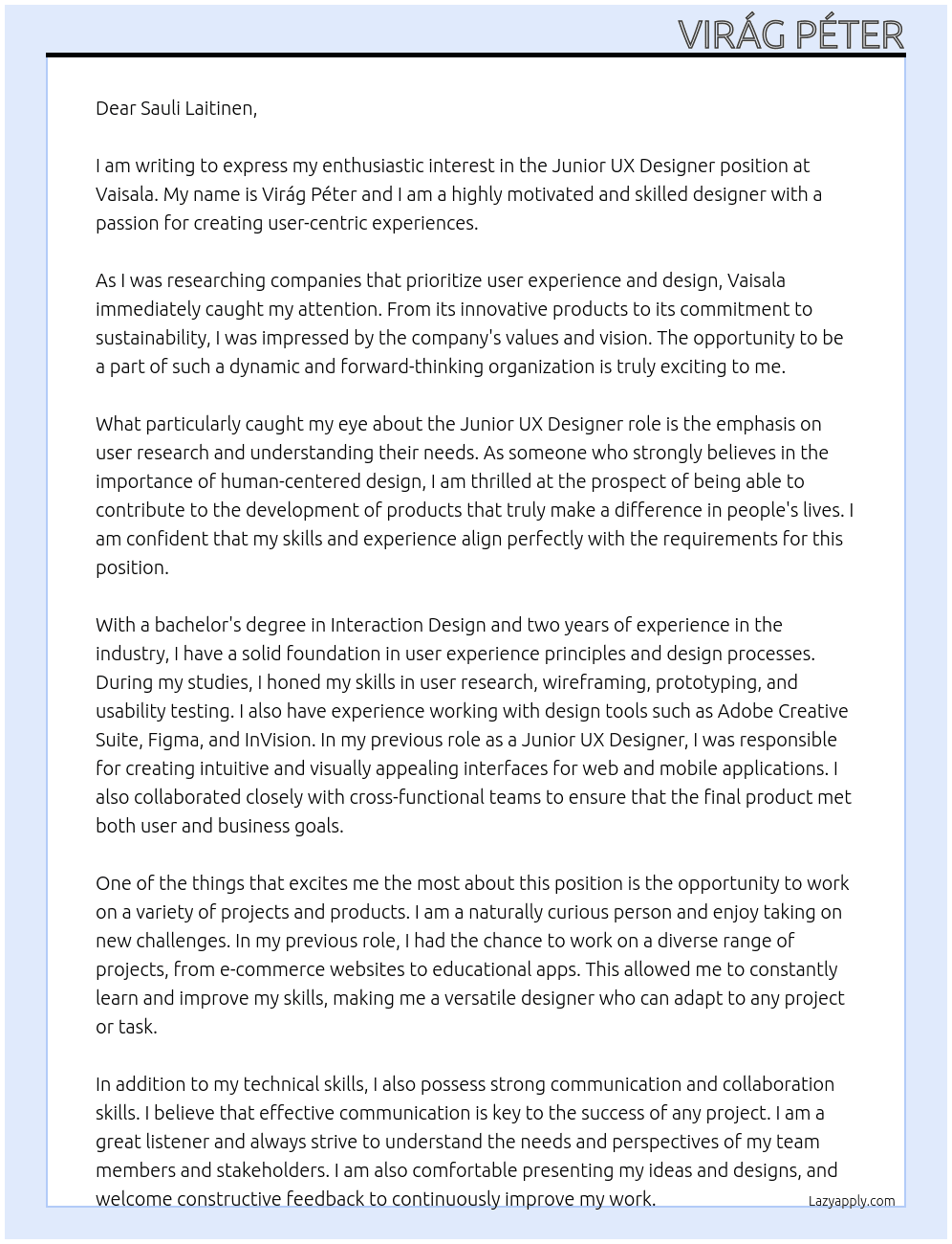 Junior UX Designer At Vaisala Cover Letter