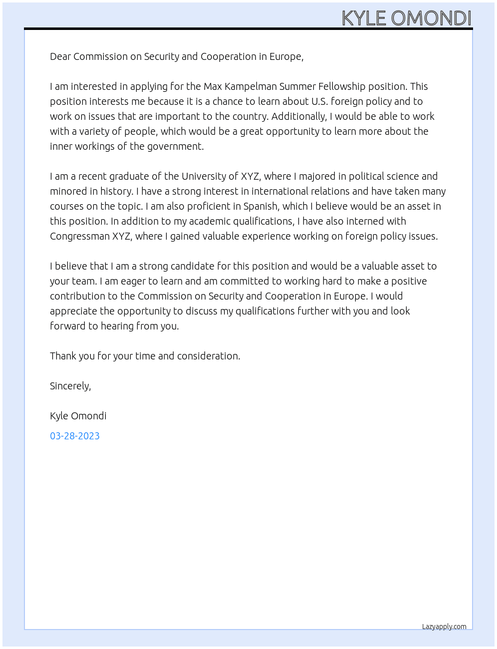 Max Kampelman Summer Fellowship At Commission on Security and Cooperation in Europe Cover Letter