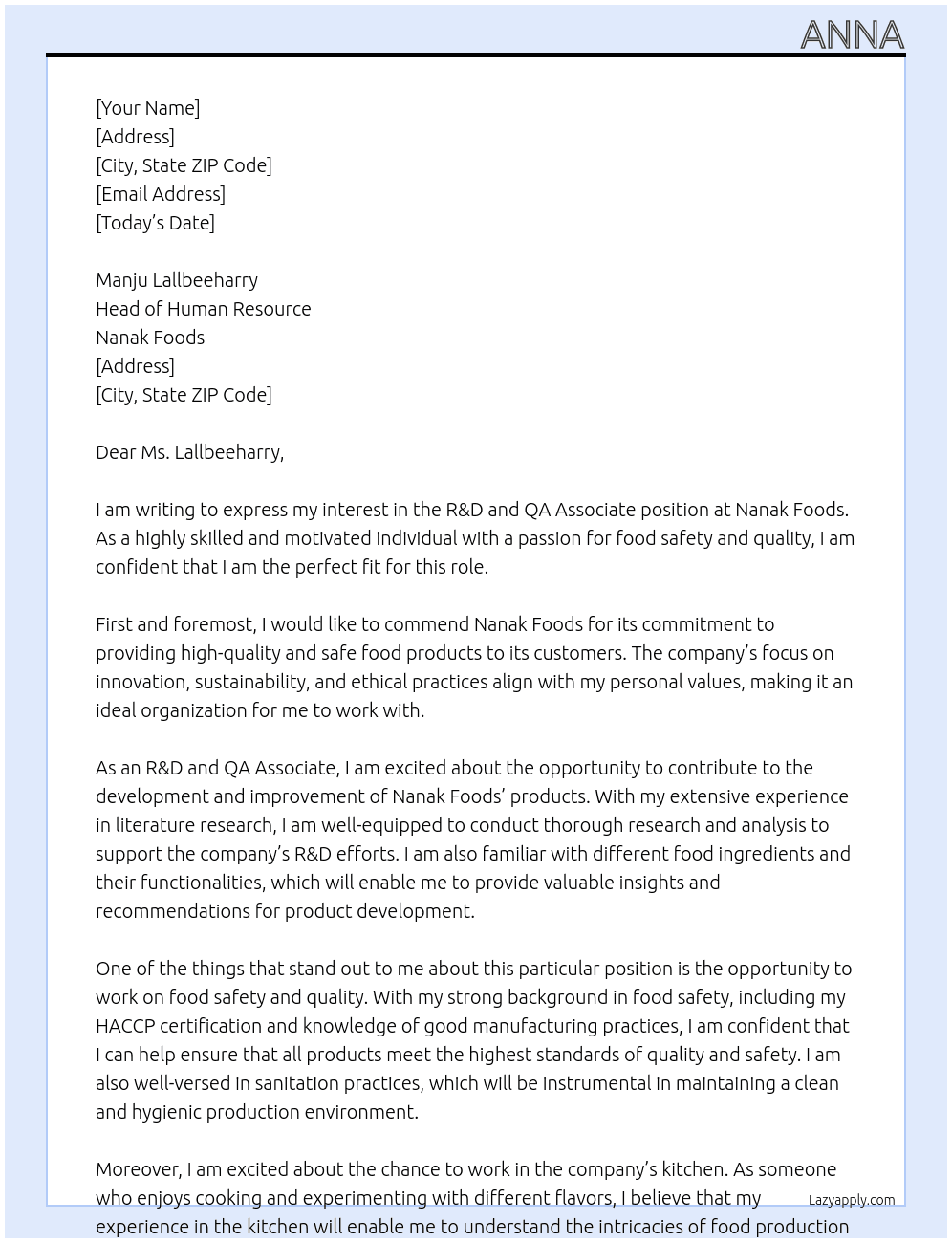 R&D and QA Associate At Nanak foods Cover Letter