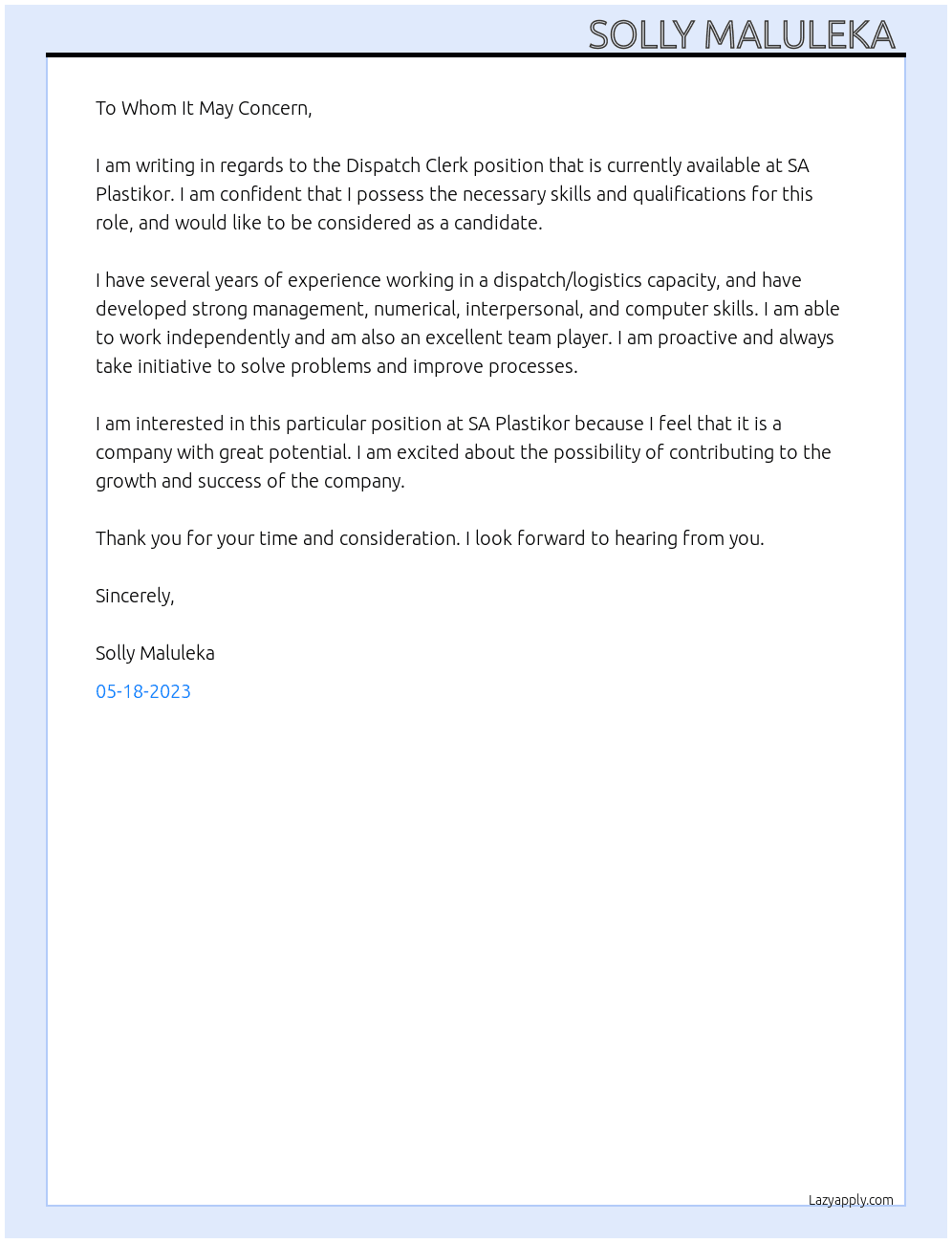 Dispatch clerk  At SA Plastikor  Cover Letter
