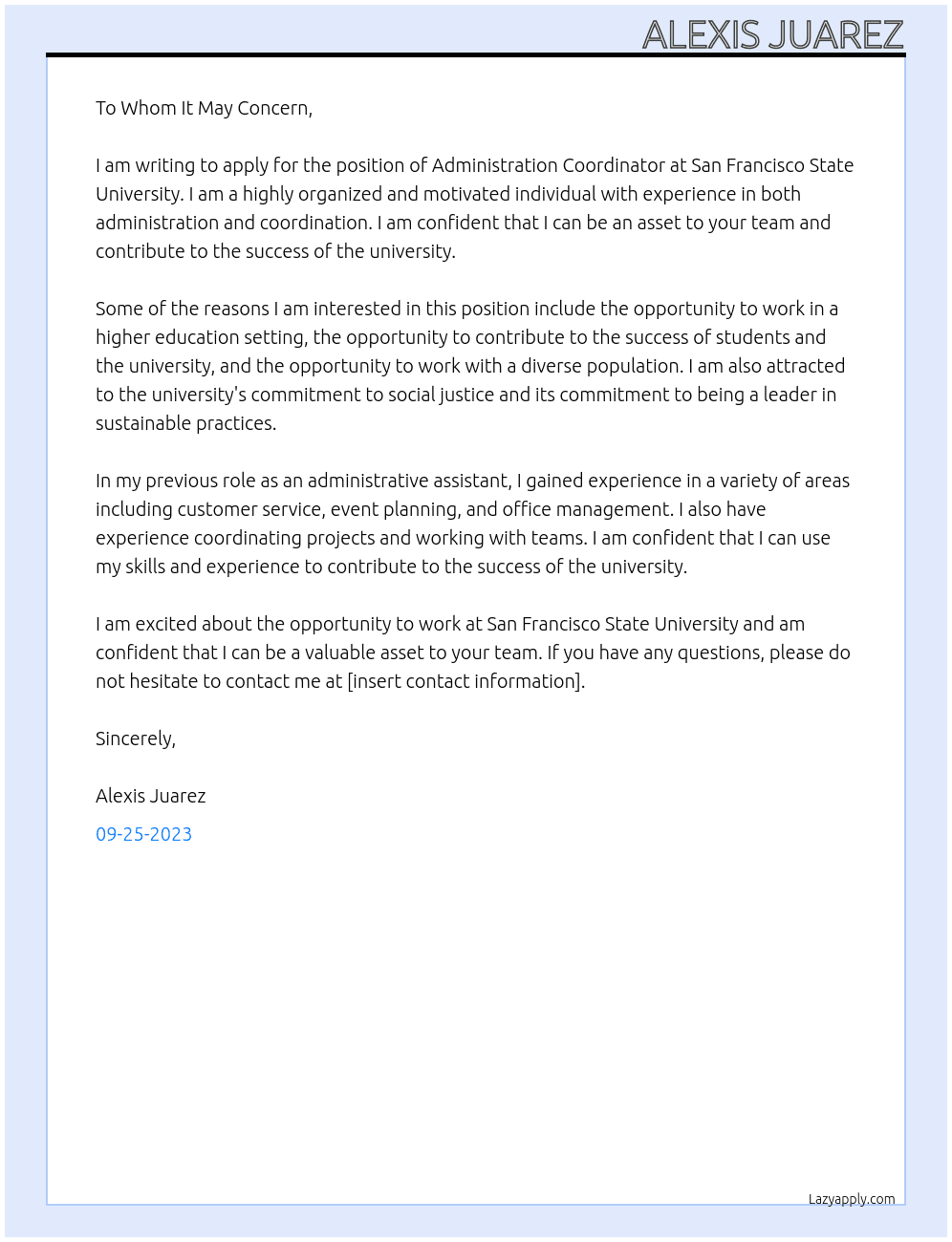 Administration Coordinator At San Francisco State University  Cover Letter