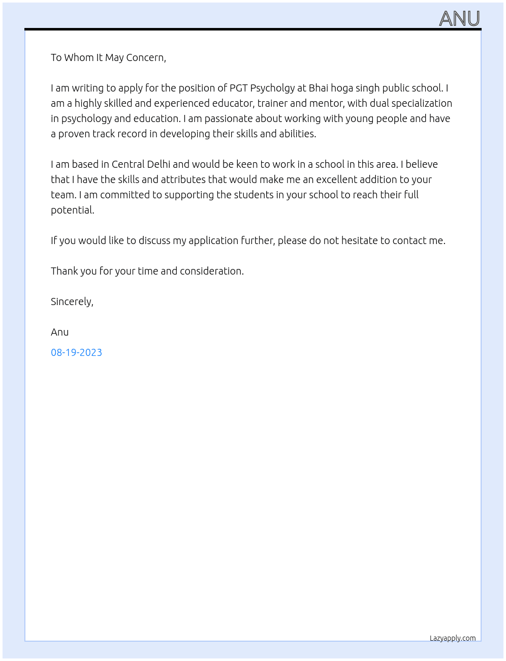 Pgt Psycholgy  At Bhai hoga singh public school Cover Letter