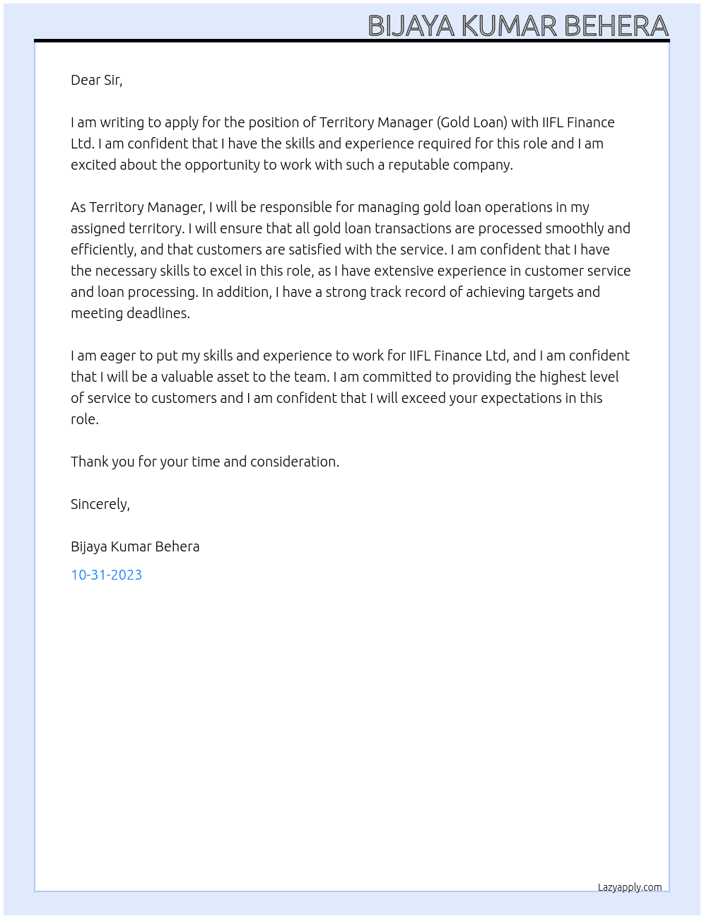 Territory Manager ( Gold Loan) At IIFL FINANCE LTD  Cover Letter