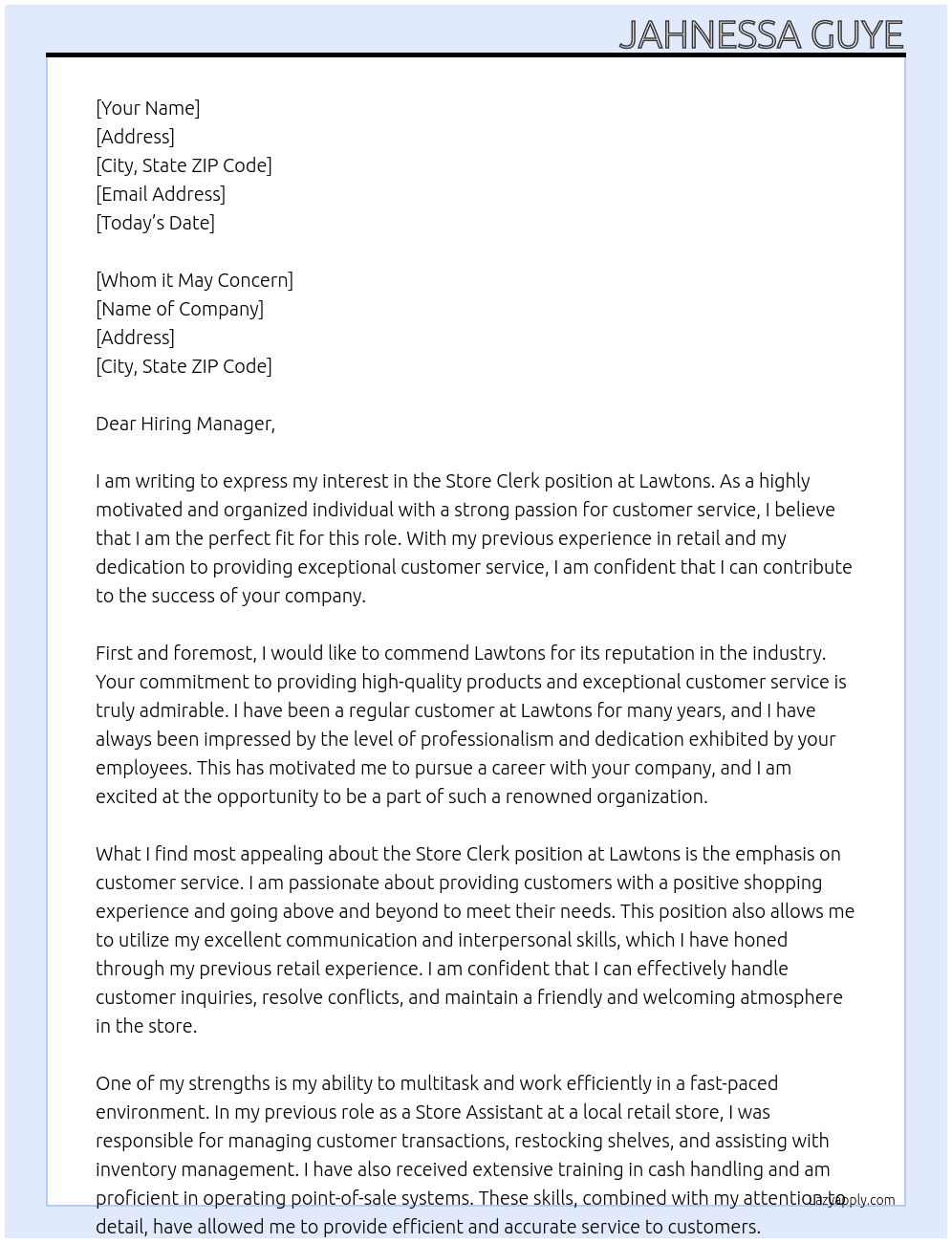 Store Clerk At Lawtons Cover Letter