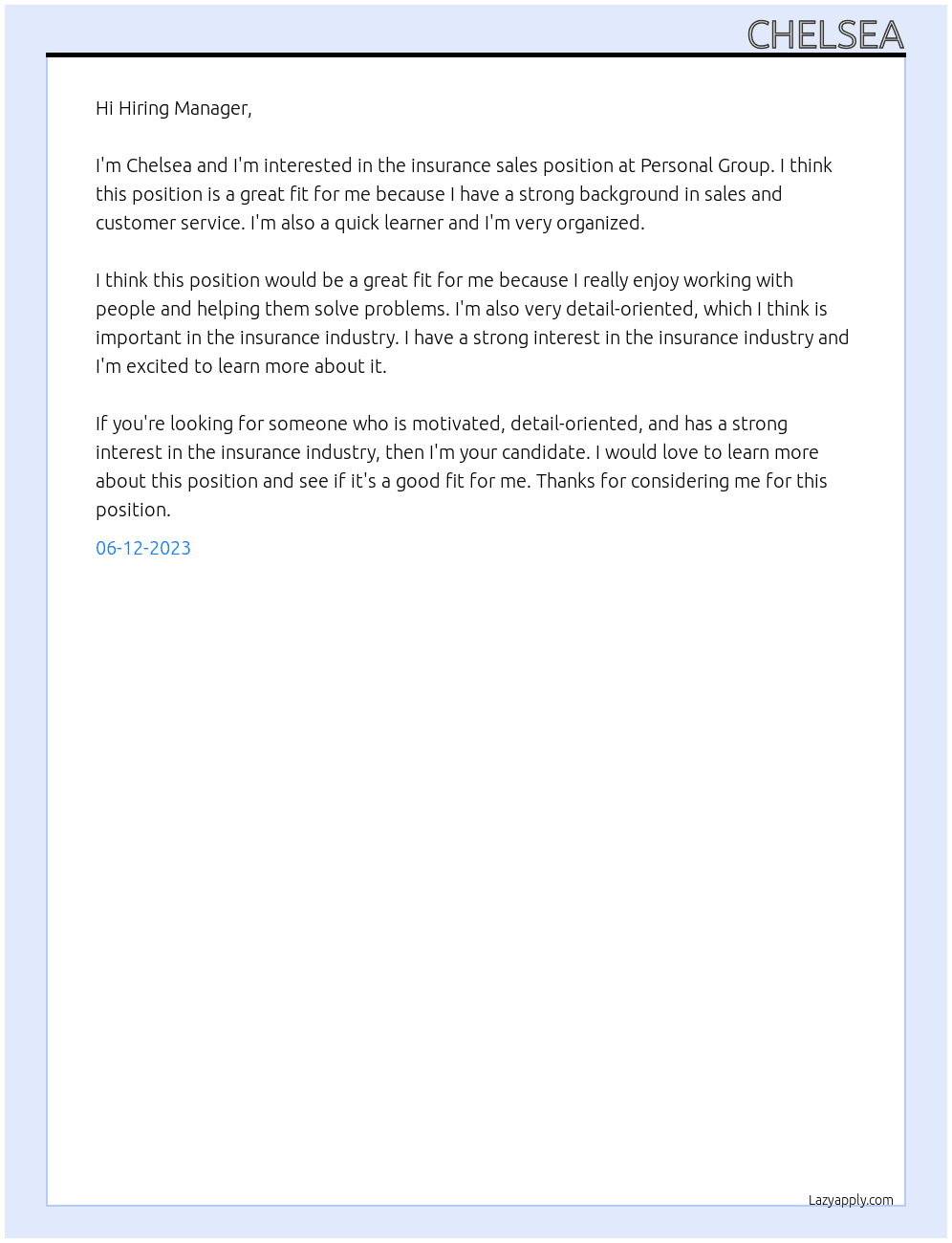 Insurance sales  At Personal group  Cover Letter