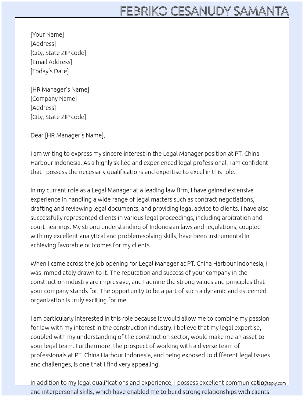 Legal Manager At PT. CHINA HARBOUR INDONESIA Cover Letter