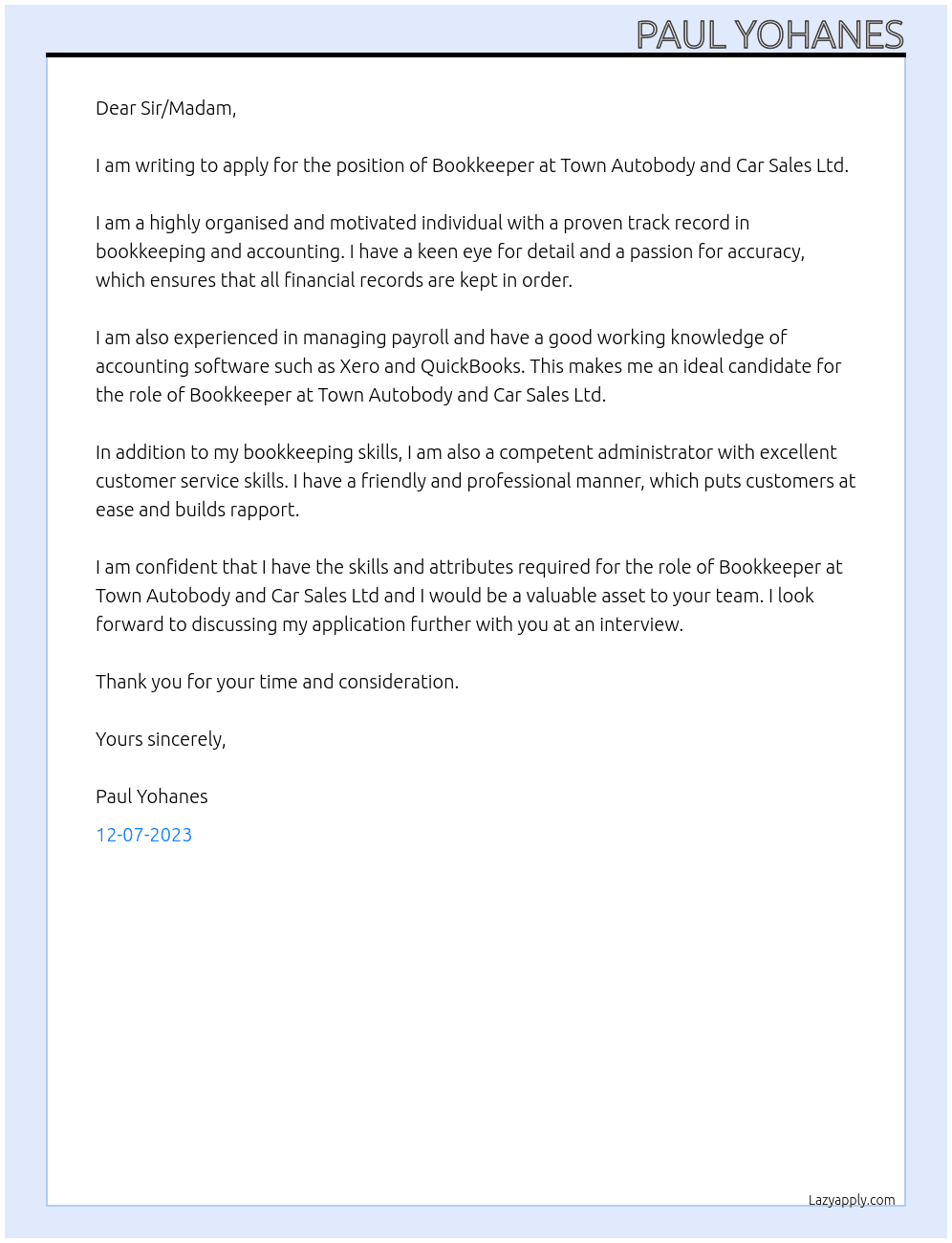 Bookkeeper At Town Autobody and Car Sales ltd Cover Letter