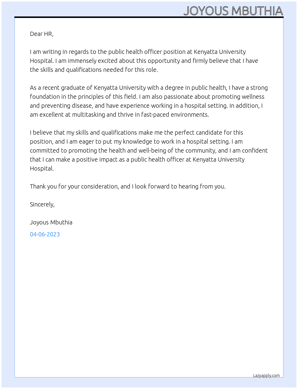 public health officer At Kenyatta University Hospital Cover Letter
