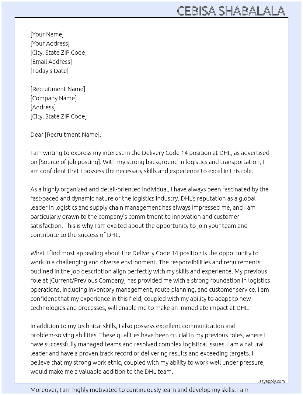 Cover letter for delivery code 14 - LazyApply