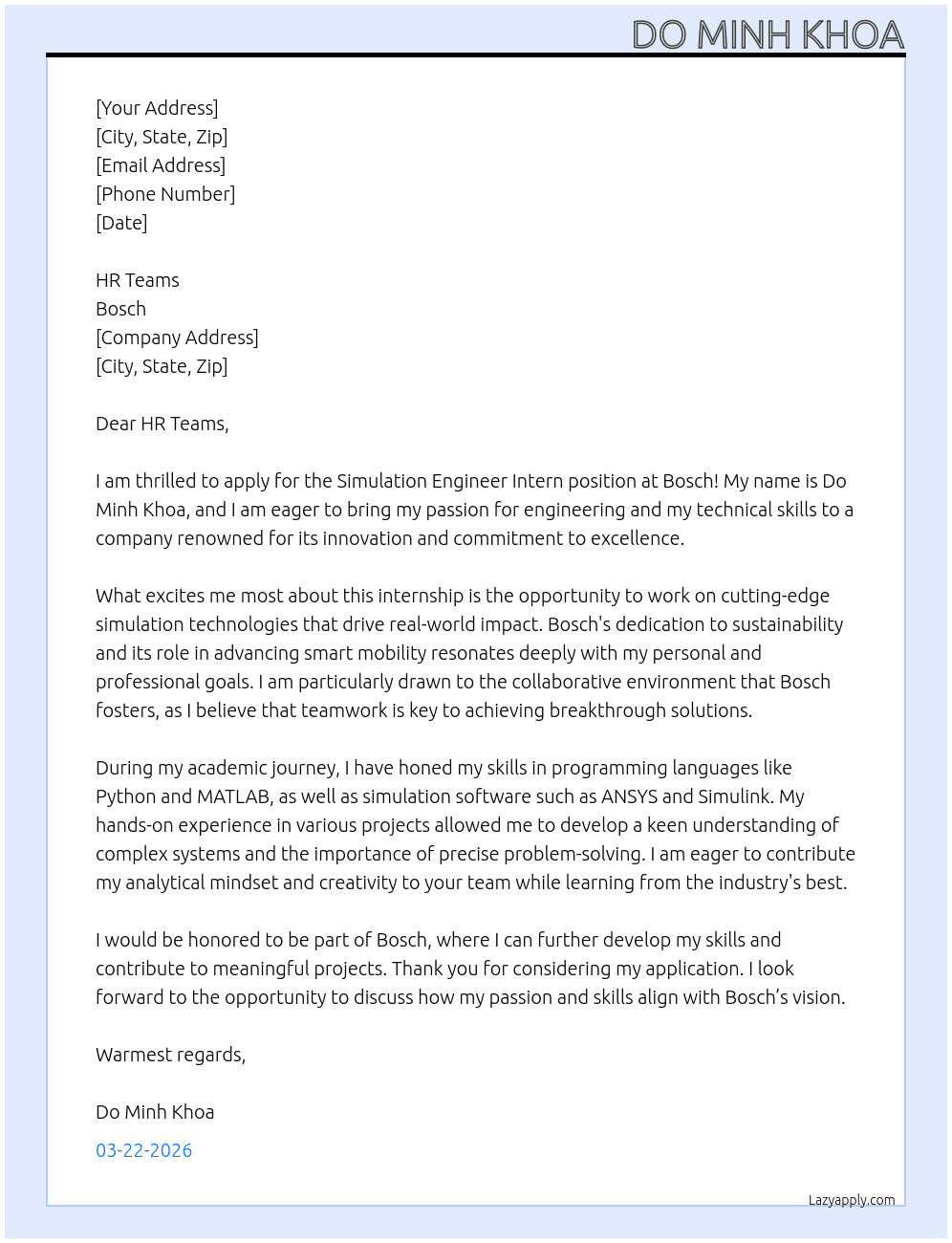 Cover letter for simulation engineer intern - LazyApply