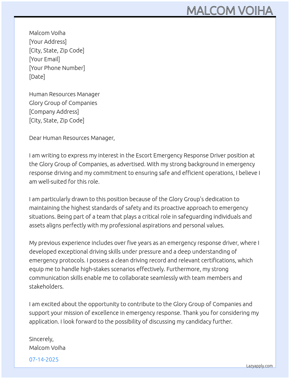 Escort emergency response driver At Glory group of companies  Cover Letter