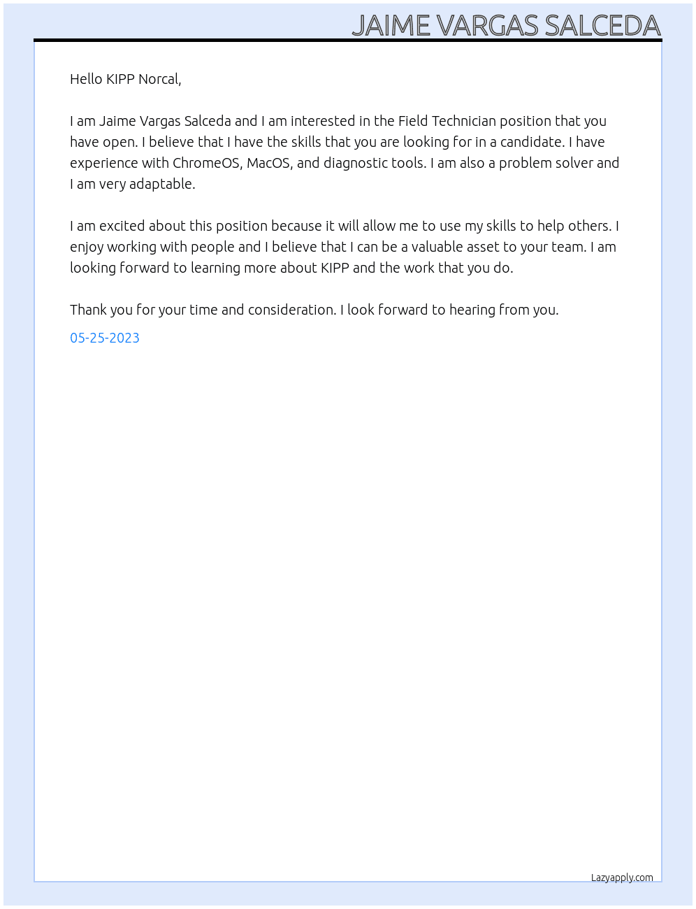 Field Technician  At KIPP Cover Letter