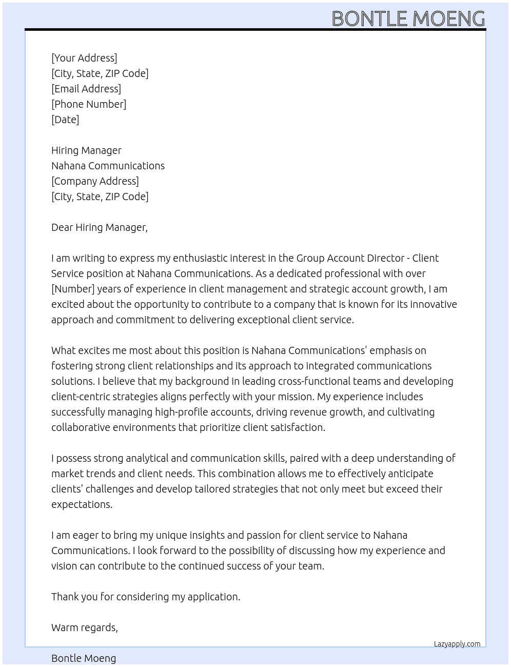 Group Account Director - Client Service At Nahana Communications  Cover Letter