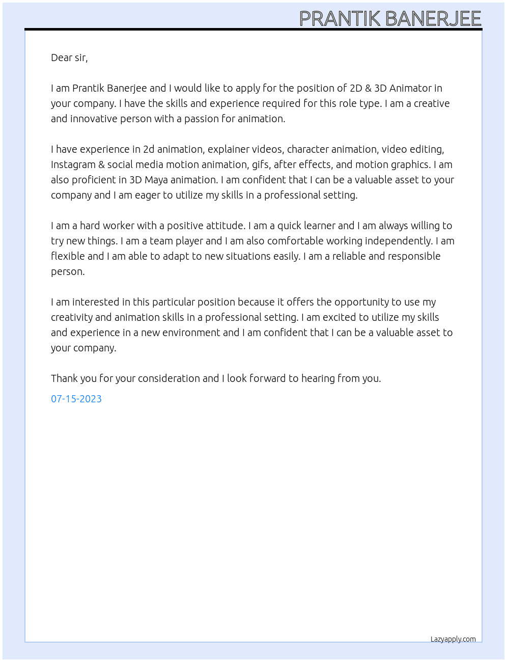 2D & 3D Animator At Animation ?Industry Cover Letter