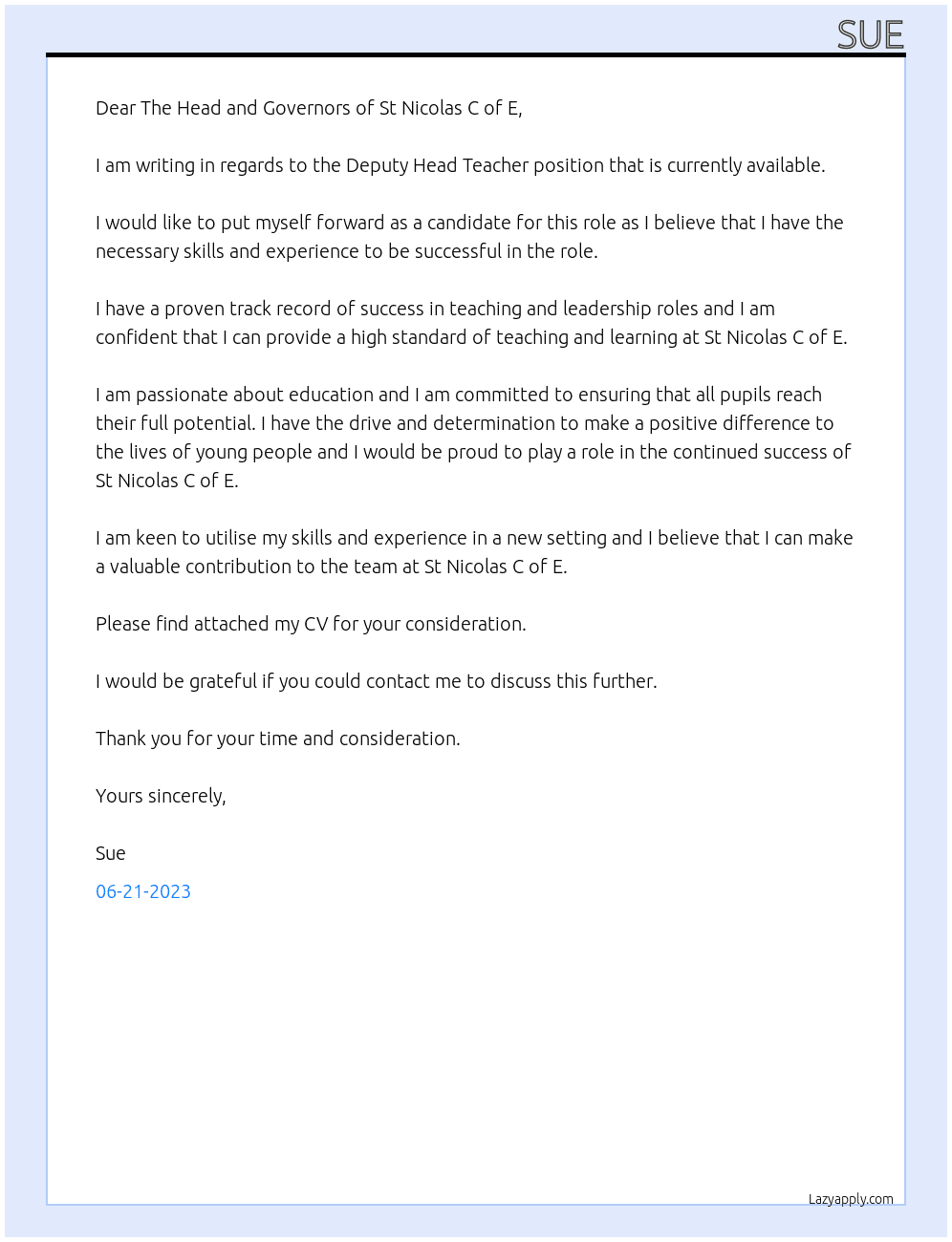 Deputy Head Teacher At St Nicolas C of E Cover Letter