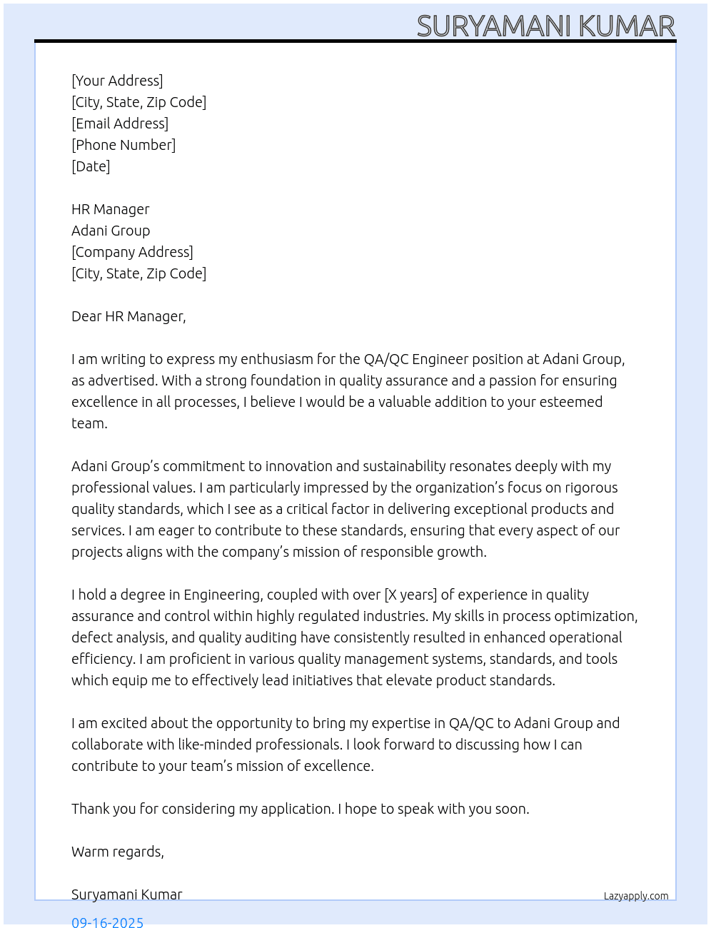 QA/QC engineer  At Adani group  Cover Letter