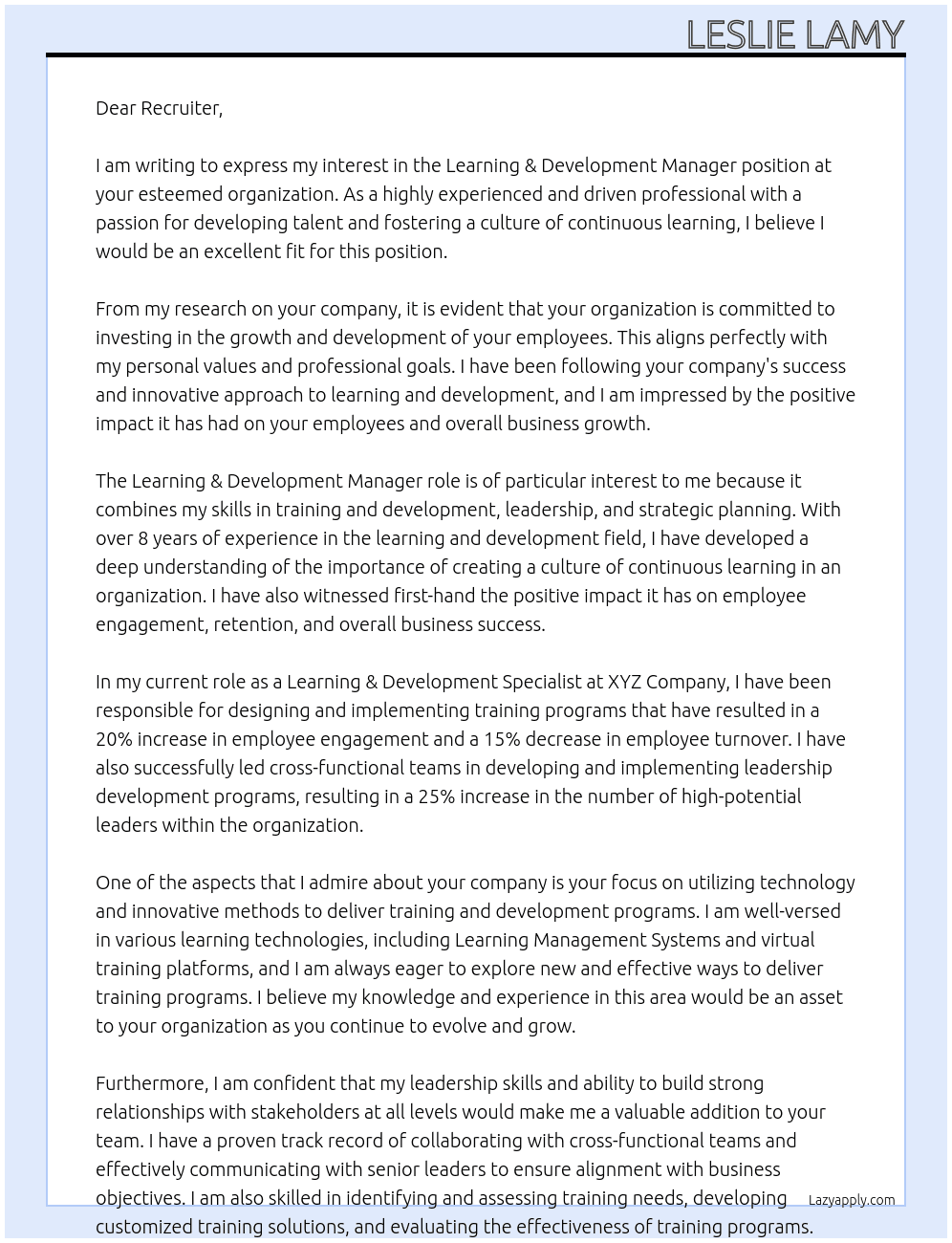 Learning & Development Manager At Recruiter Cover Letter