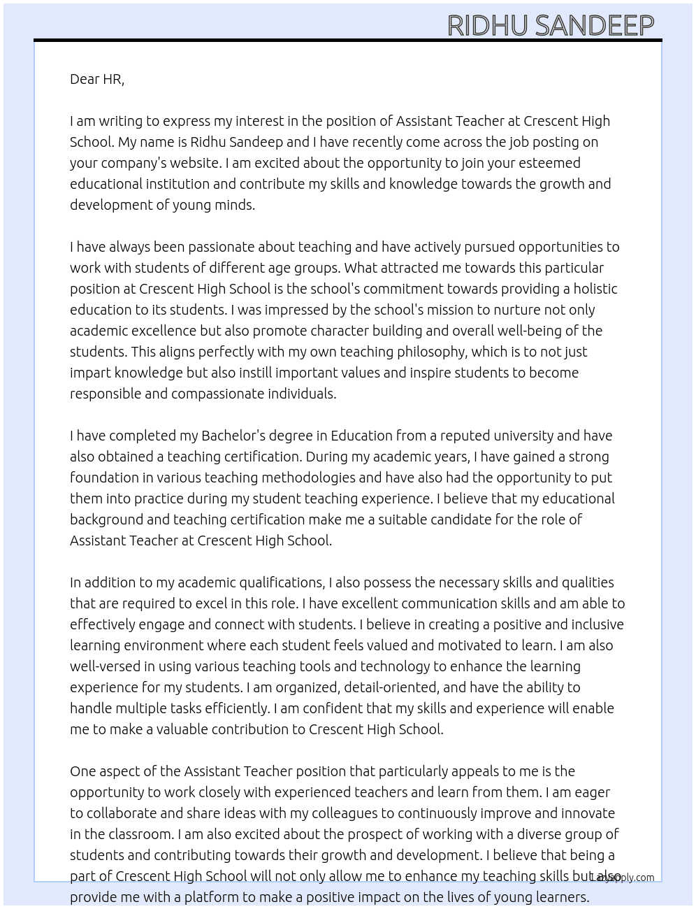 Assistant teacher At Crescent high school Cover Letter