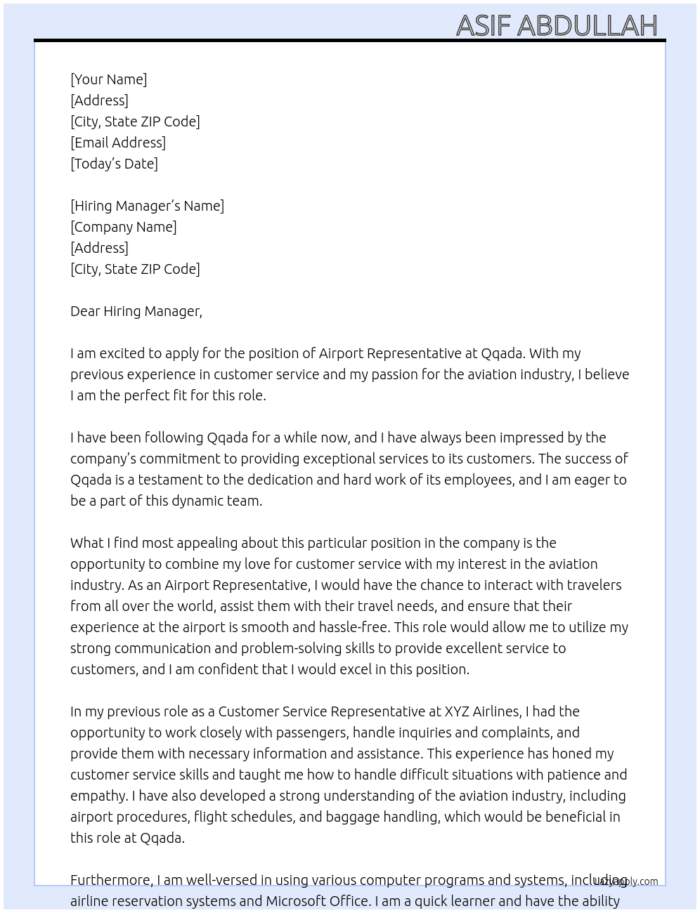 Airport Representative  At Qqada Cover Letter