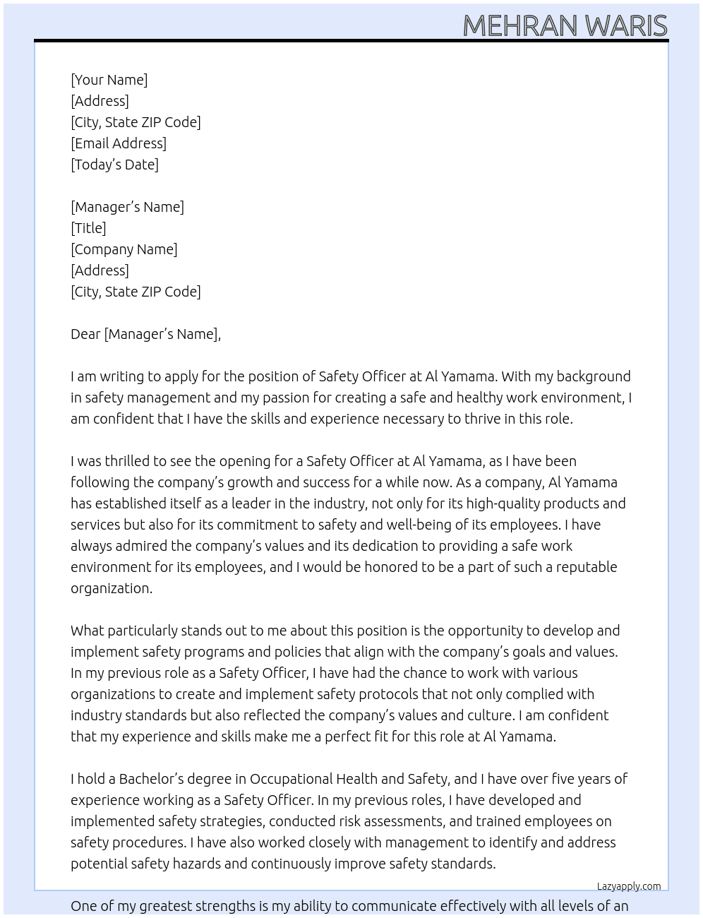 safety officer At al yamama Cover Letter