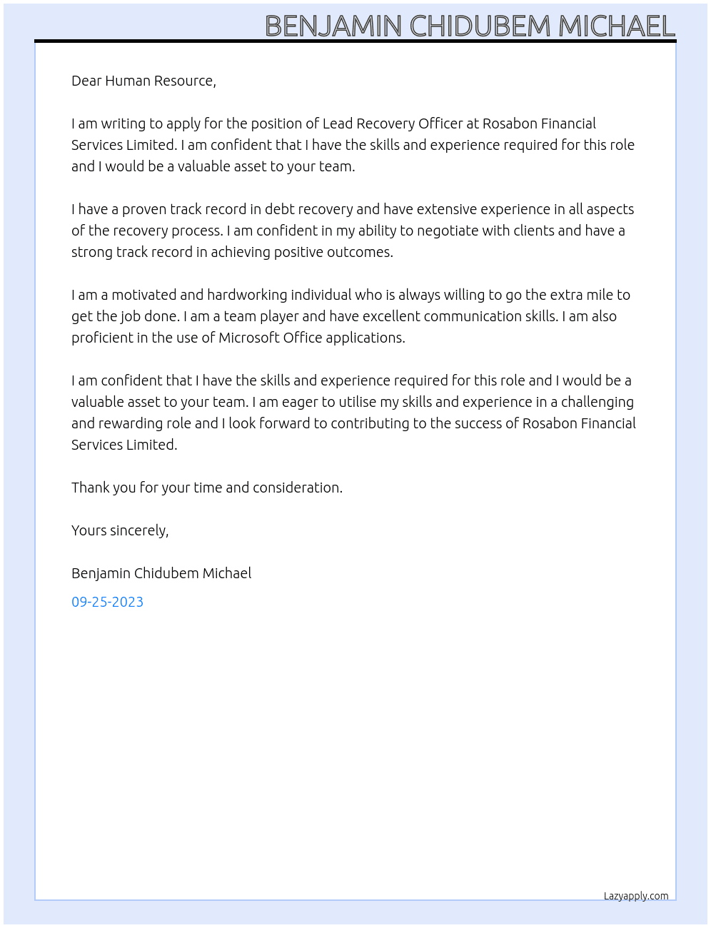 Lead Recovery Officer At Rosabon Financial Services Limited Cover Letter