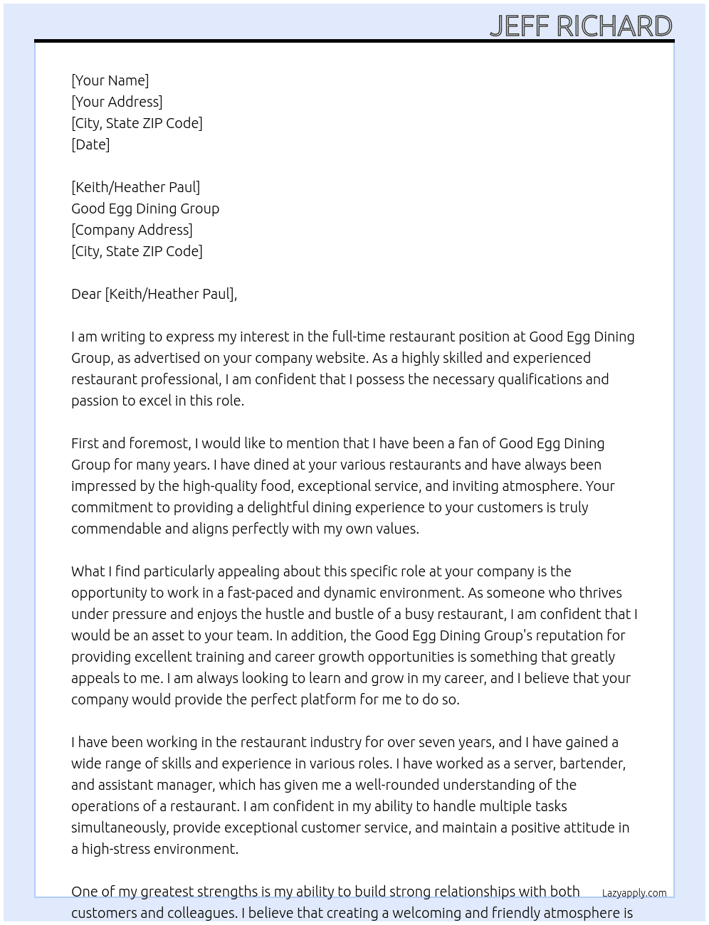 restaraunt At Good Egg Dining Group Cover Letter