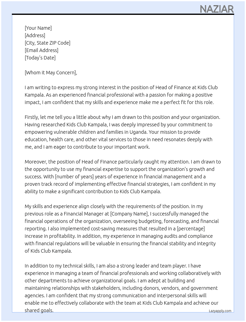  Head of Finance At  Kids Club Kampala Cover Letter