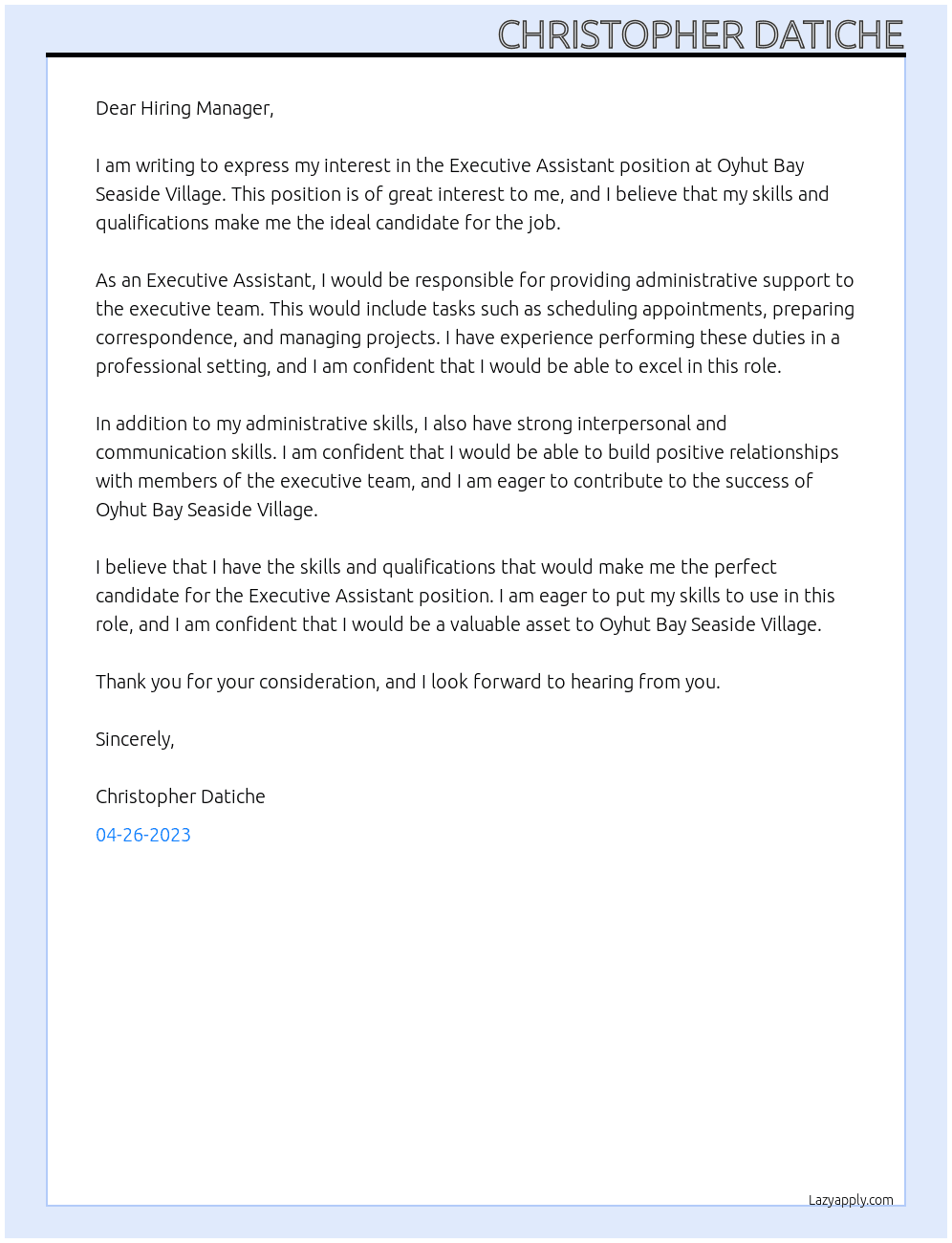 Executive Assitant At Oyhut Bay Seaside Village Cover Letter