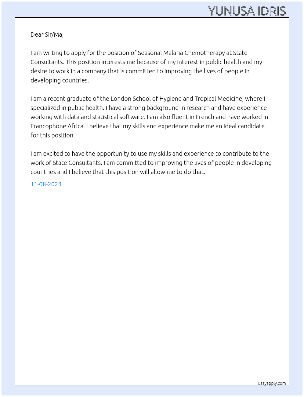 Seasonal Malaria Chemotherapy  At State Consultants  Cover Letter