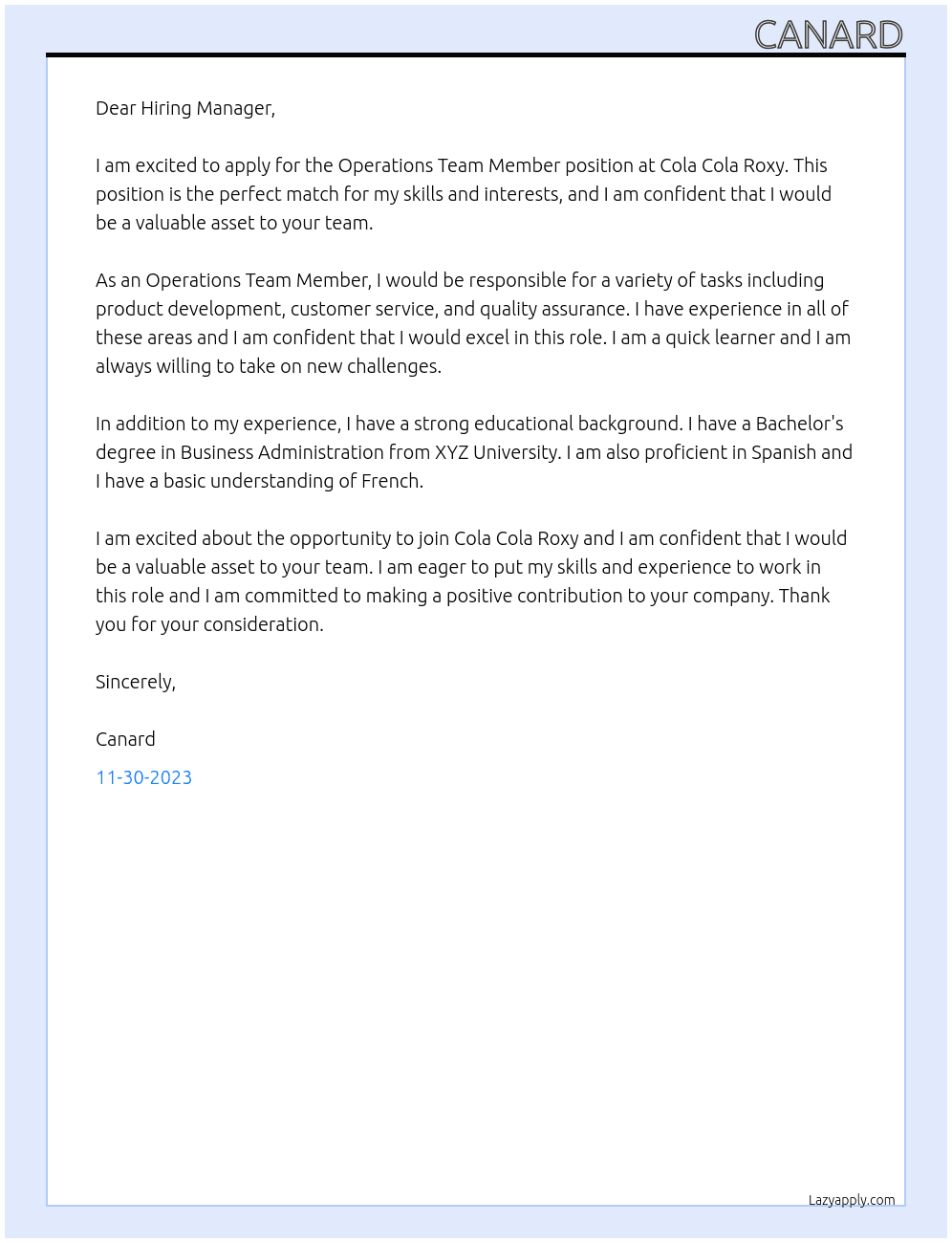 Operations Team Member At Cola Cola Roxy Cover Letter