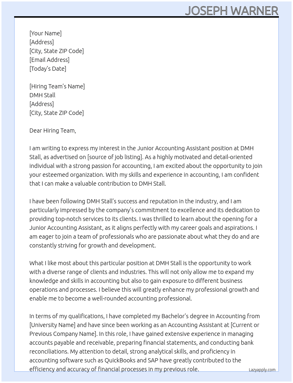 Junior Accounting Assistant At DMH Stall Cover Letter