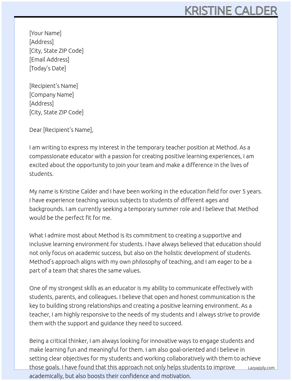 temporary teacher At Method Cover Letter