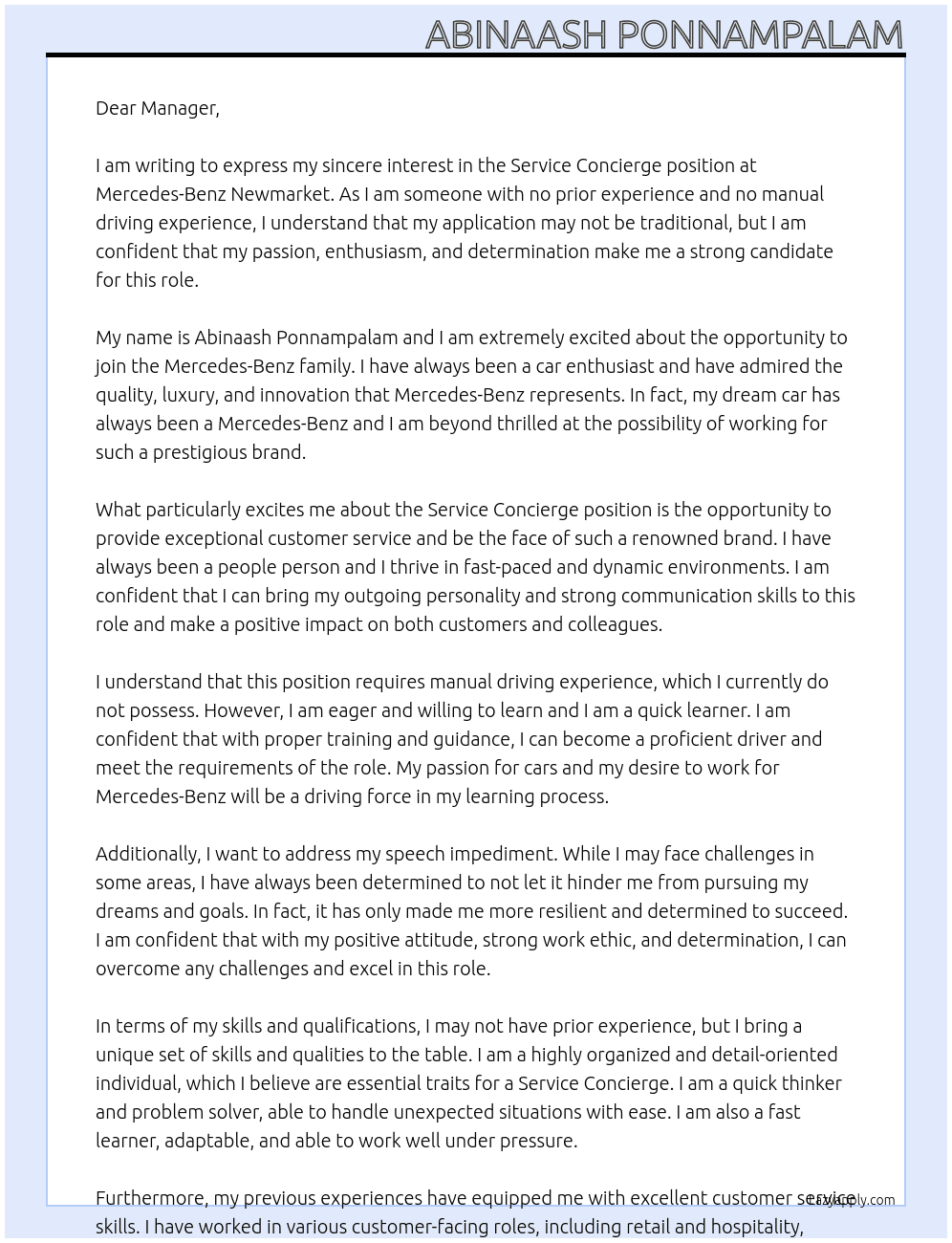 Service Concierge with No Experience and No Manual Driving Experience and Have an Speech Impediment At Mercedes-Benz Newmarket  Cover Letter