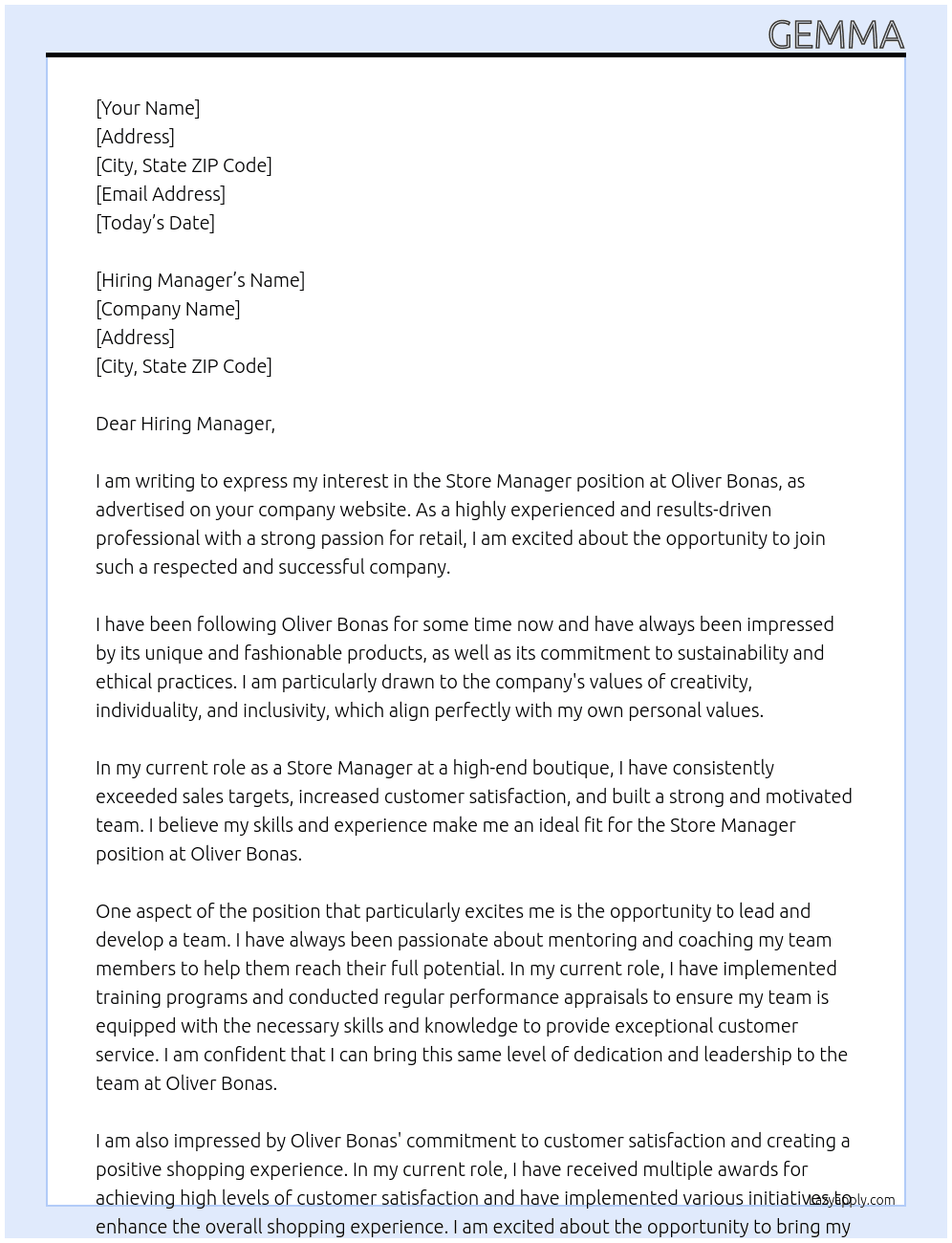 Store Manager At Oliver Bonas Cover Letter