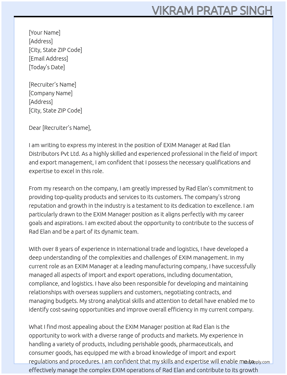 EXIM Manager At Rad Elan Distributors Pvt Ltd Cover Letter