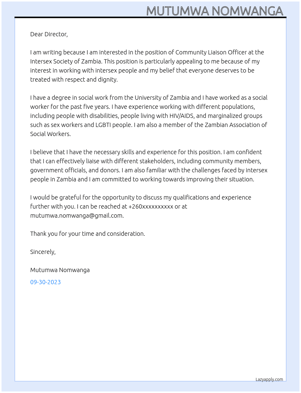 Community Liason officer At Intersex Society of Zambia  Cover Letter