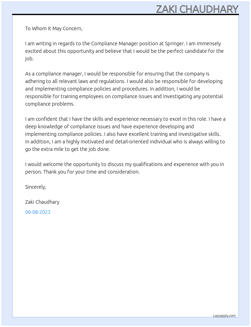Compliance Manager At Springer Cover Letter