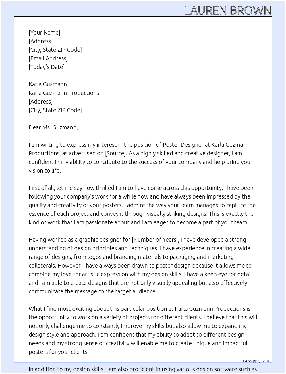 Poster Designer At Karla Guzmann Productions Cover Letter