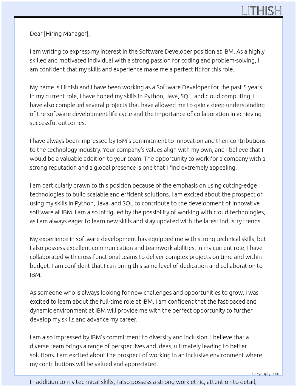 software develpoer At ibm Cover Letter