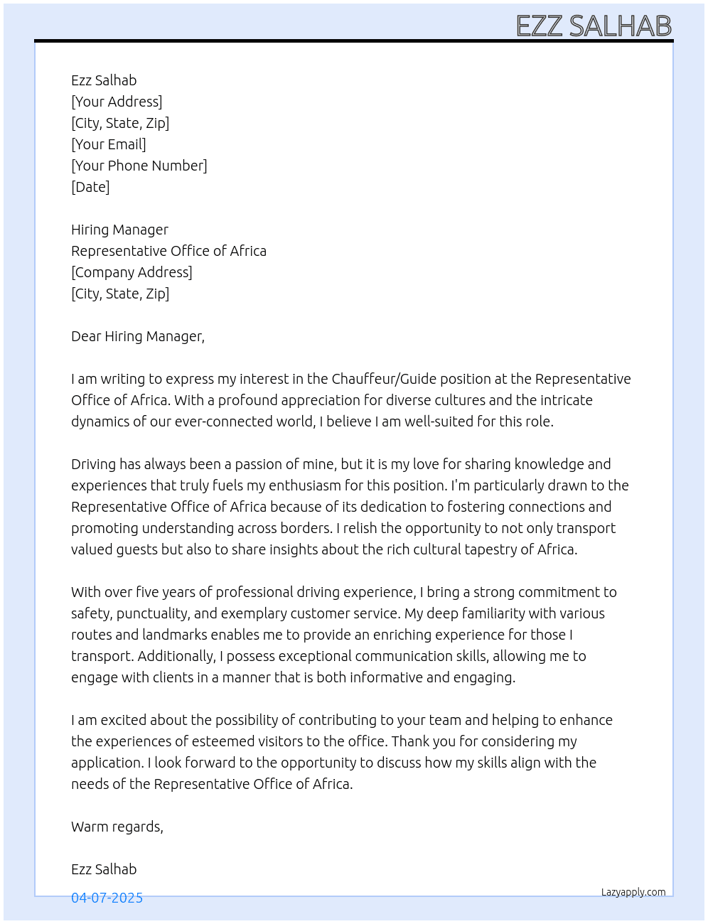 chauffeur /gured At Representative office of Africa  Cover Letter