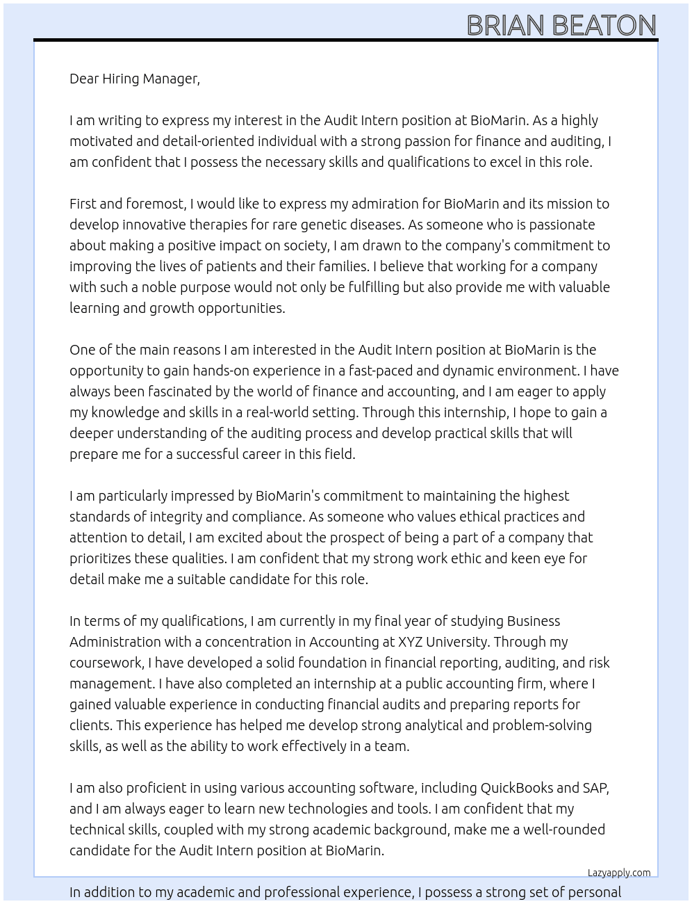 Audit Intern At BioMarin Cover Letter