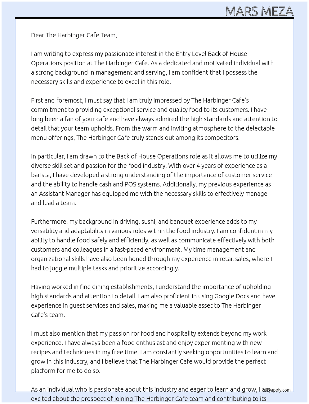 Entry Level Back of House Operations At The Harbinger Cafe Cover Letter