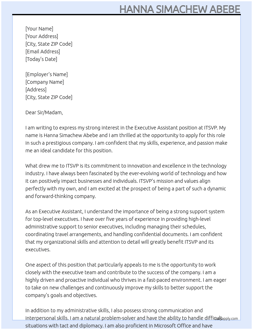 Executive assistant At ITSVP Cover Letter